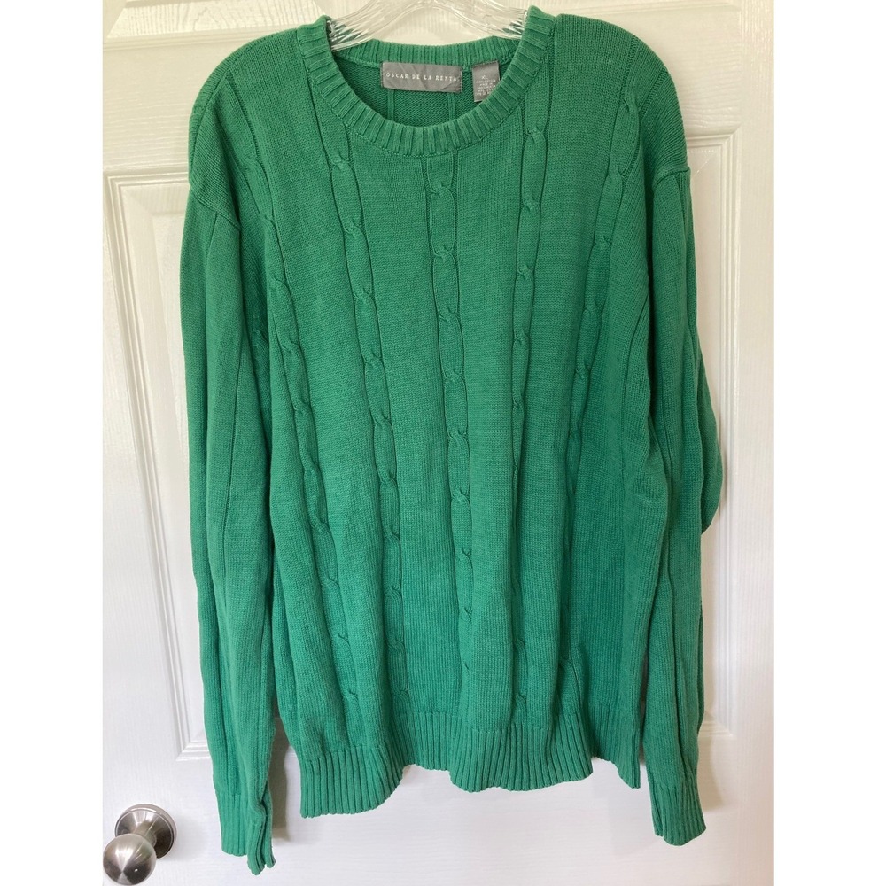 Mens Oscar de la Renta Green Cotton Sweater XL Cable Knit Preppy Classic Casual